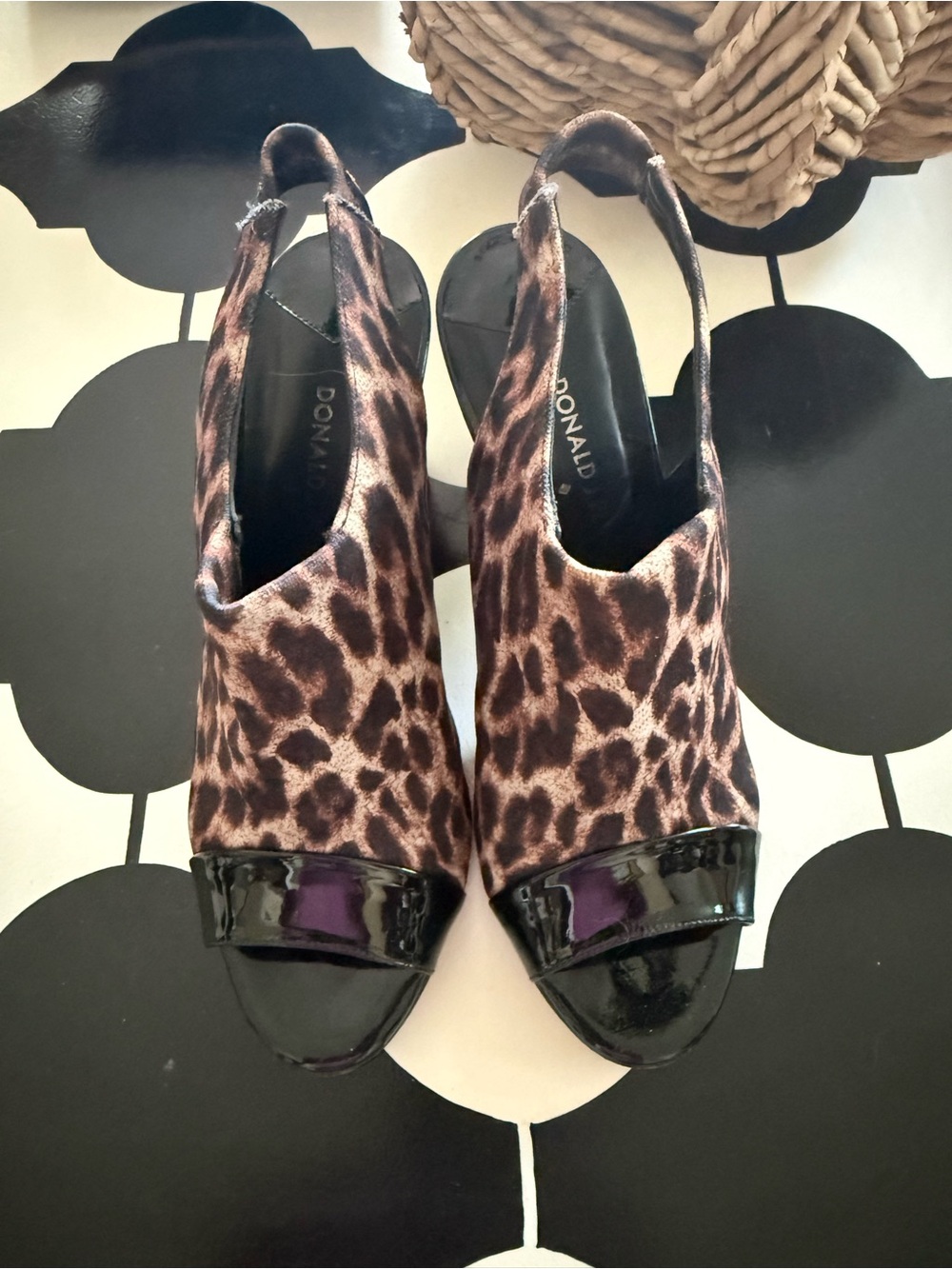 Donald J. Pliner Leopard Print Slingback Mules with Black Patent Toe